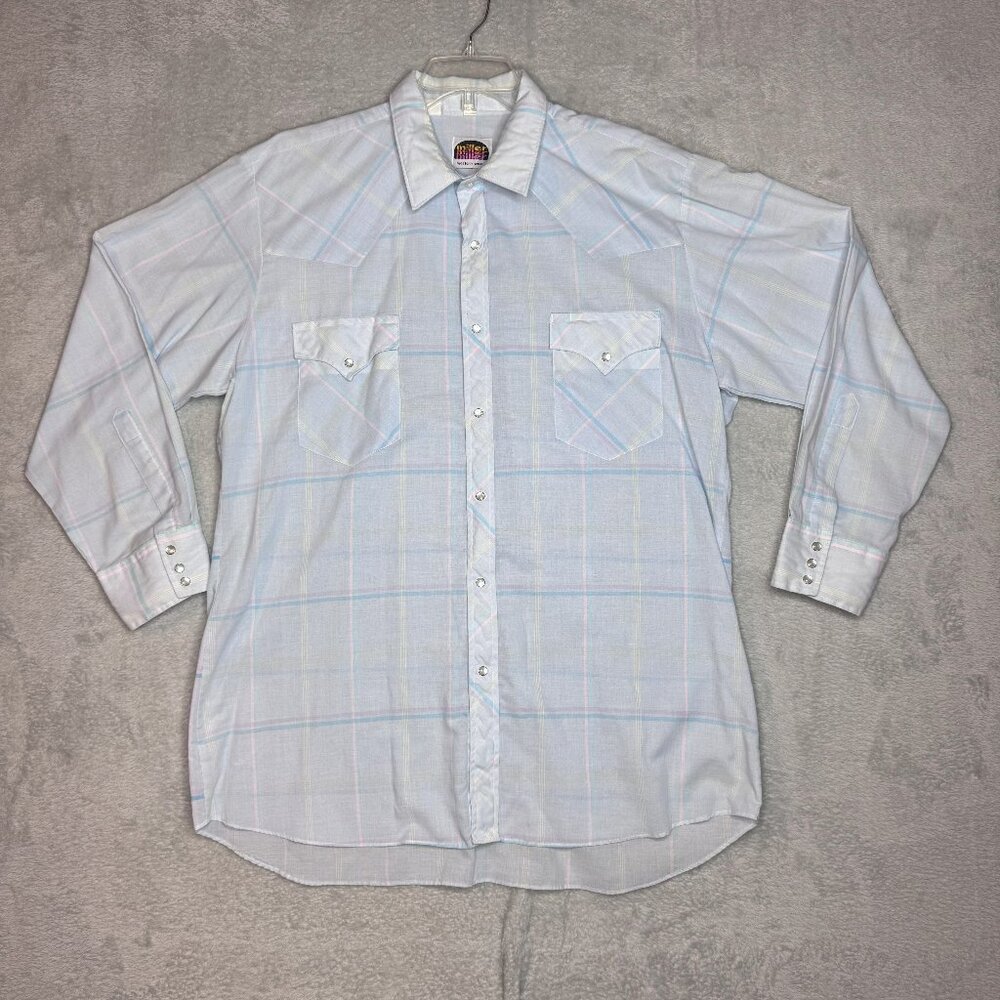VTG Miller Shirt Mens Large Pink Blue Pearl Snap Button Up Long Sleeve Western